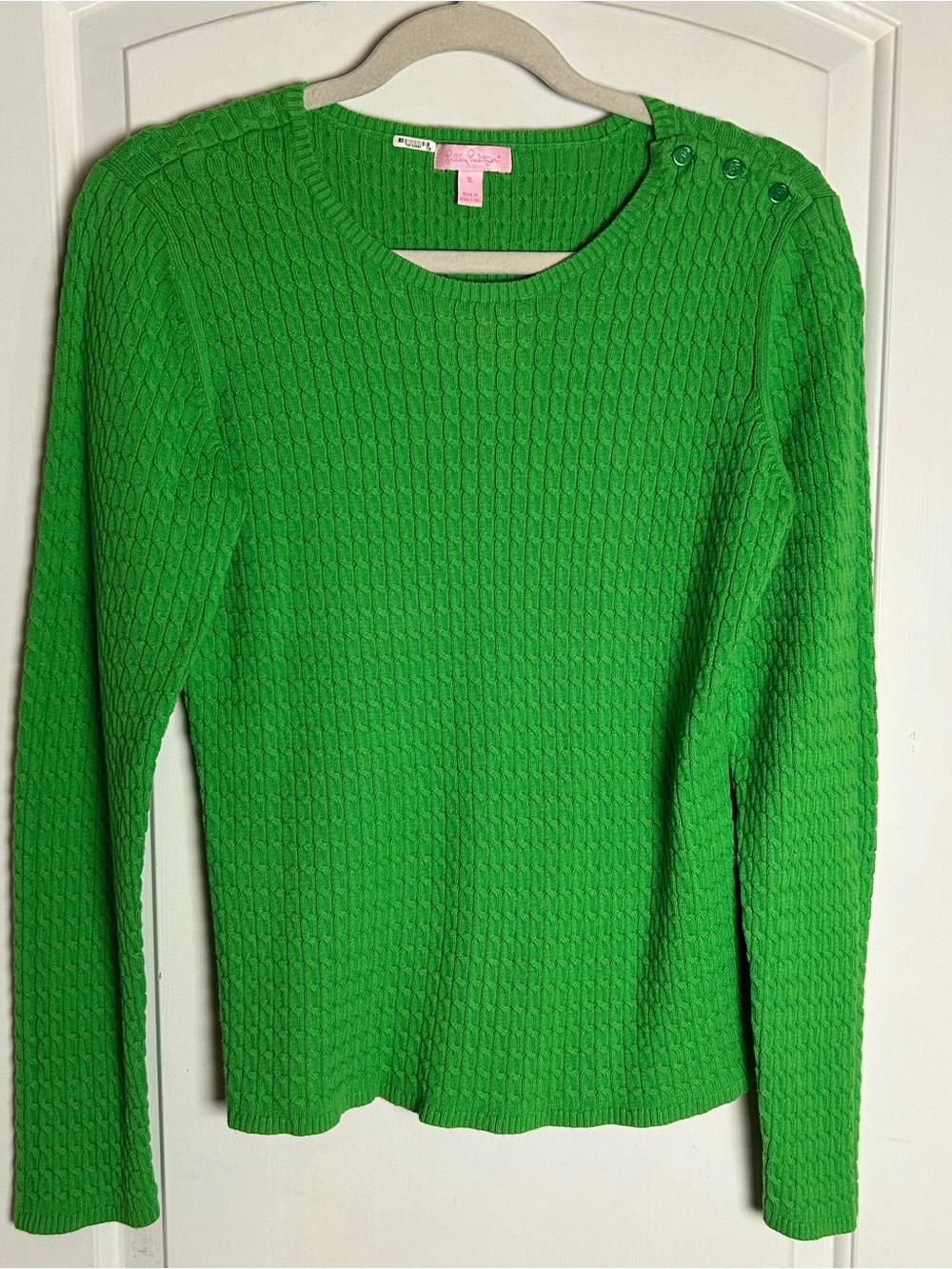 Lilly Pulitzer Kelly Green Cable-Knit Crewneck Sweater Button Detail on Shoulder